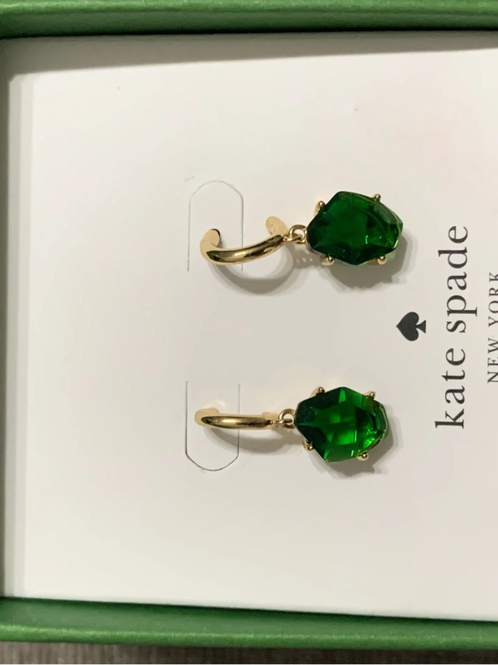 Kate Spade Gold-Tone Earrings with Emerald Green Drops. New in box.